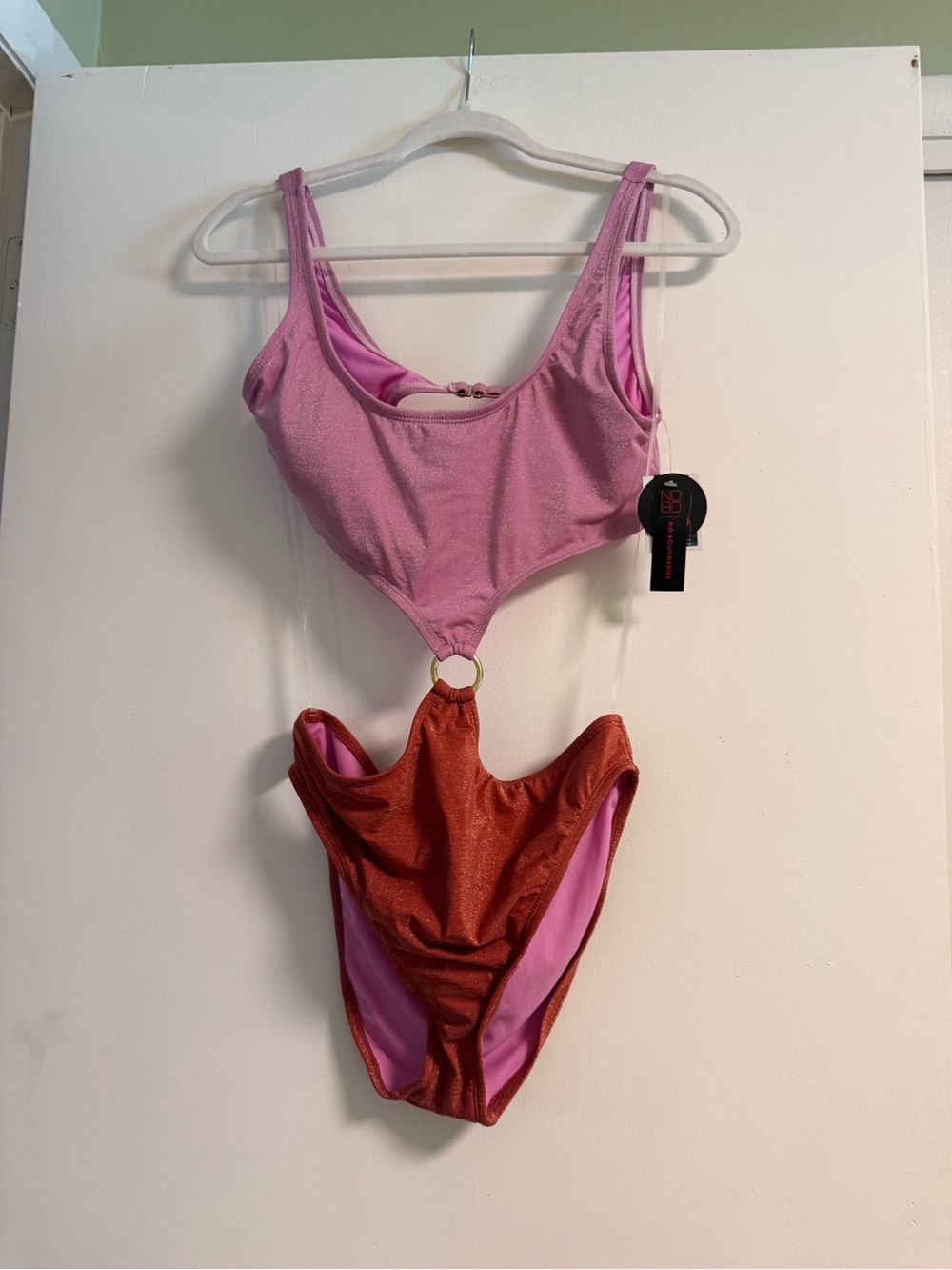 Two-Tone Pink and Rust Cutout One-Piece Swimsuit with Ring Detail